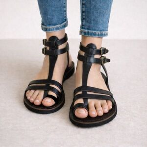 Handmade Greek Leather Black Strappy Sandals | Size 8